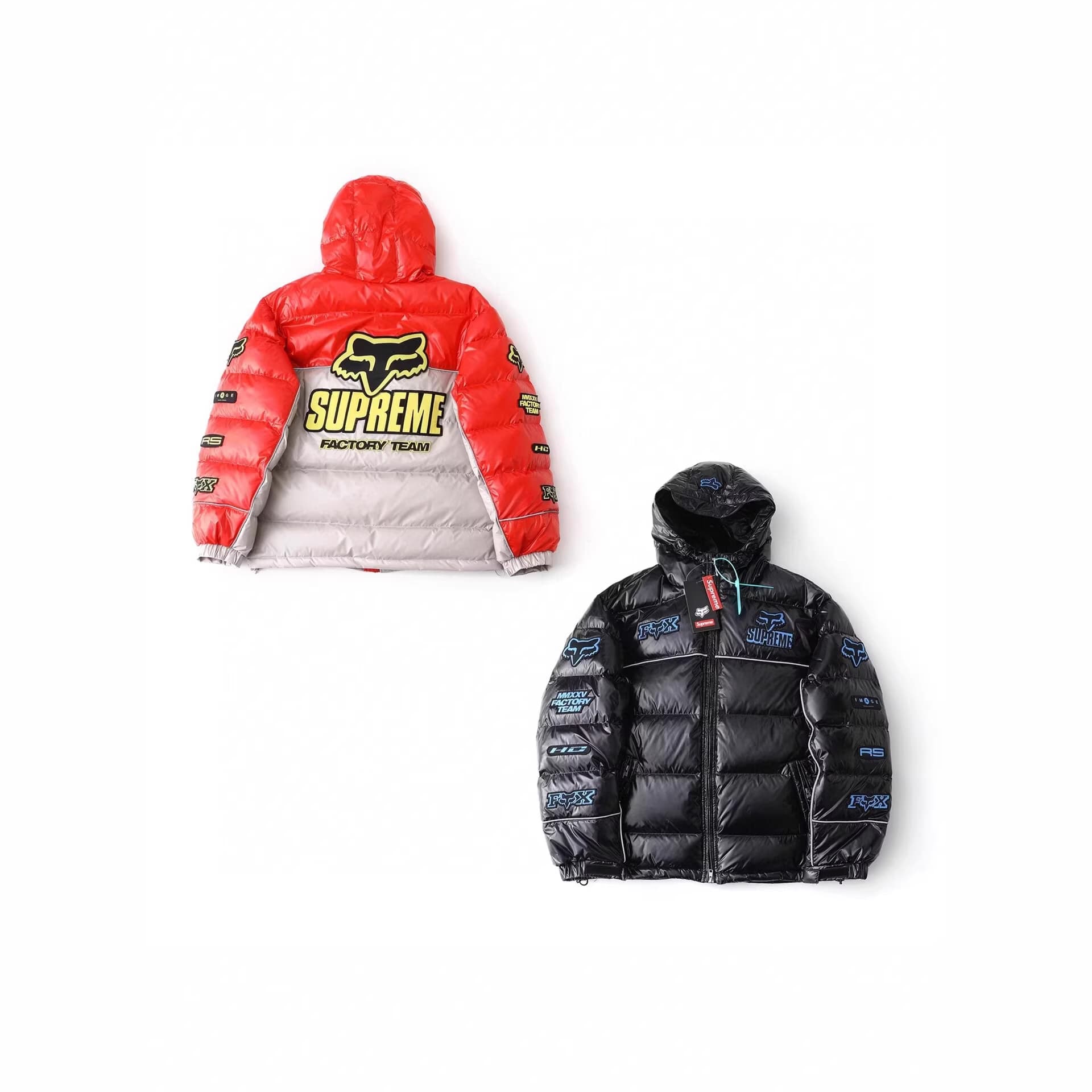 sup fo rac Shiny Down Puffer Jacket with Patch Logo and Glossy Hooded Down Coat