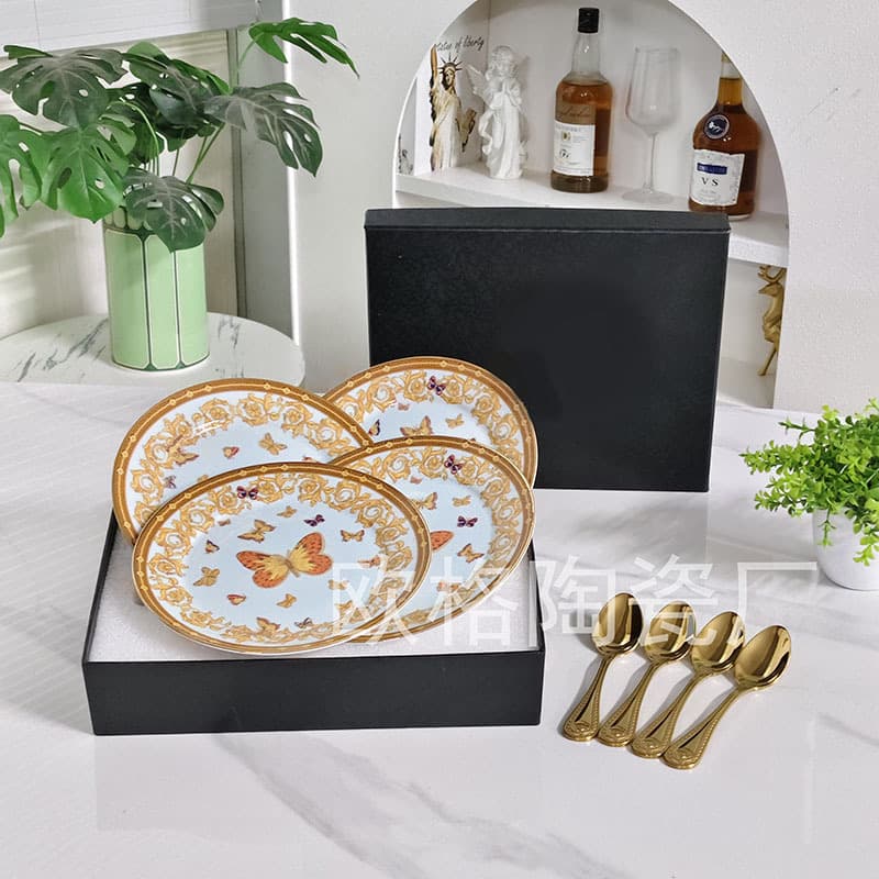 European light luxury bone china Fanjia butterfly four spoons and four plates for home living room afternoon tea cake plate as a gift for besties and friends