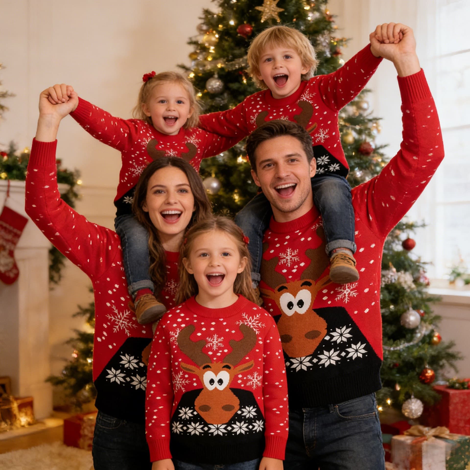 Cross-border foreign trade new European and American autumn and winter Christmas parent-child clothing elk snowflake contrast color men's and women's family pullover sweaters