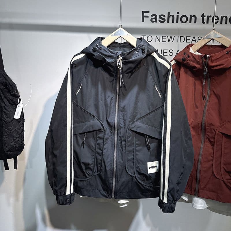 2025 Autumn Men's Loose-fitting Slimming Striped Hooded Jacket, Outdoor Windbreaker, Workwear Jacket