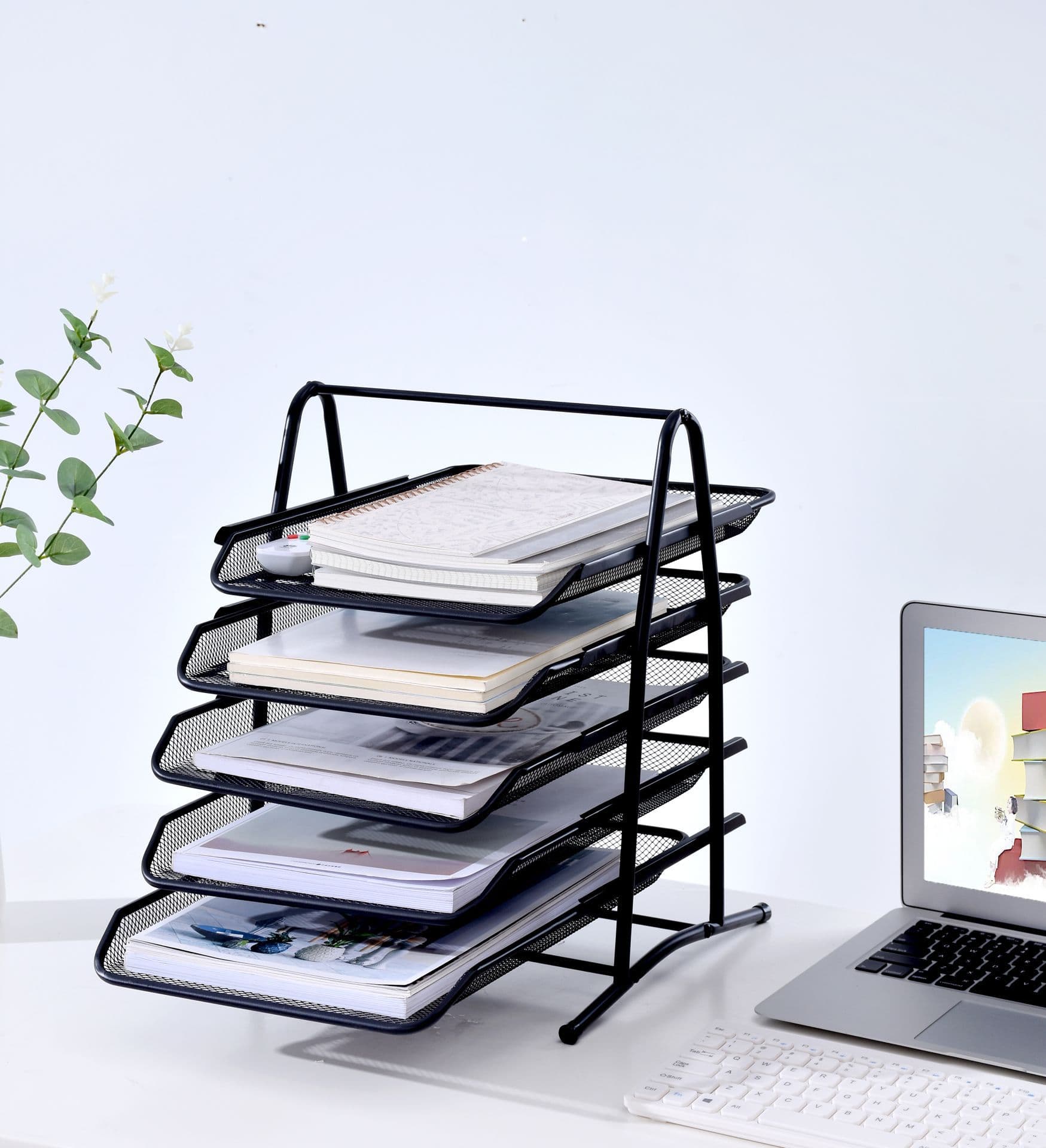 Office Metal Mesh Five-tier Shelf File Holder Drawer Document Organizer Desktop Storage Newspaper Rack