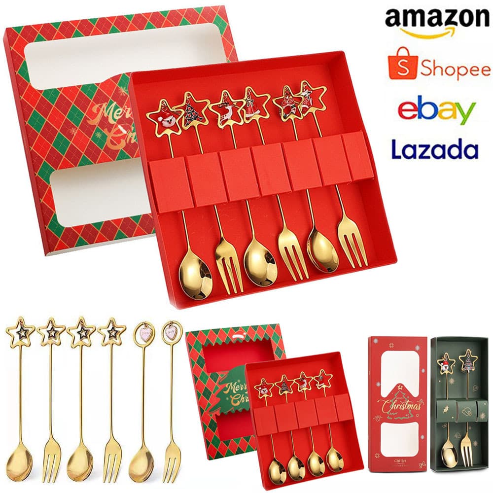 Cross-border Christmas Spoon 304 Stainless Steel Stirring Spoon Star Pendant Spoon Cutlery Dessert Spoon Fork Gift Box Set