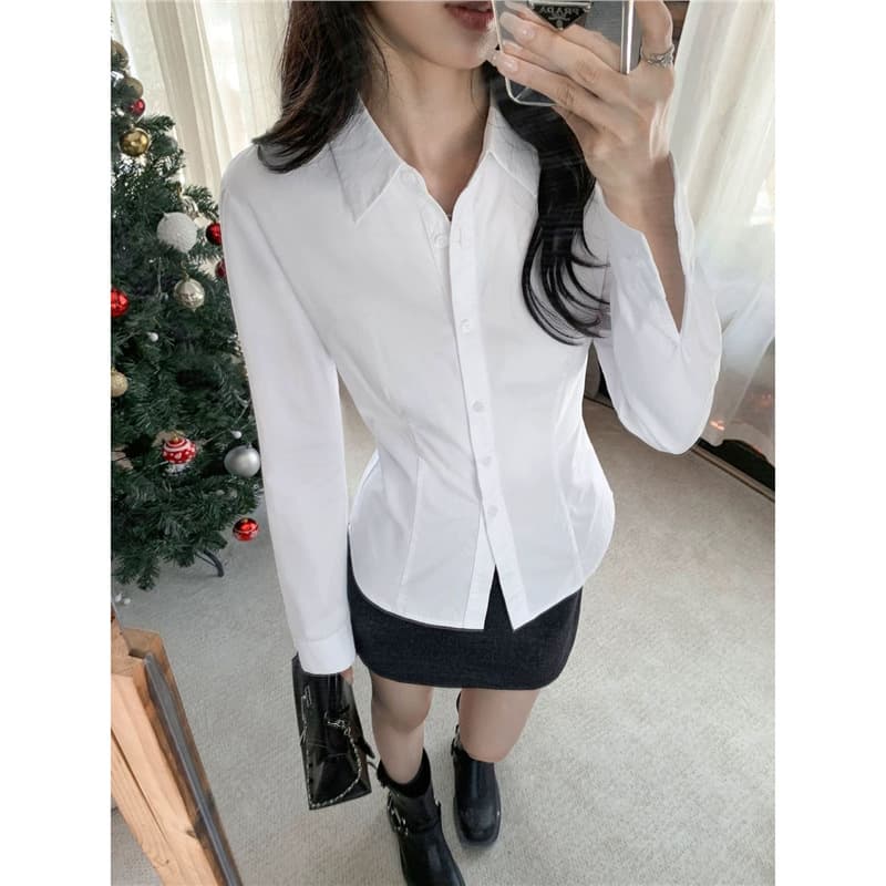 New Spring/Autumn White Long-Sleeve Shirt with Unique Design, Fitted Waist, School Style Slimming Top