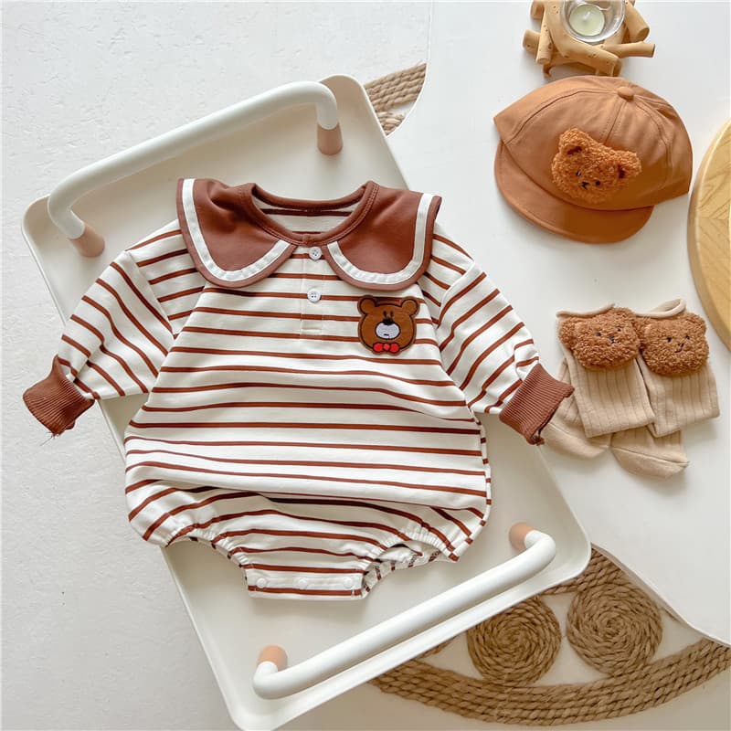 One-piece drop-shipping yarn-dyed striped triangle bag, brown striped bear men and women's Korean style romper