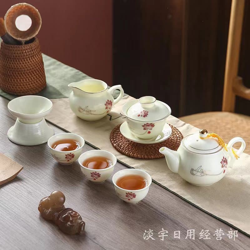 Mutton Fat Jade White Porcelain Tea Set with Gemstone Yellow Full Set Kung Fu Tea Cups for Home Office Reception Ceramic Gaiwan Wholesale Retail