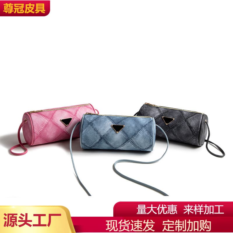 Cylindrical bag Korean style small bag 2024 fashion bags new simple women's bag niche design denim pattern crossbody for women