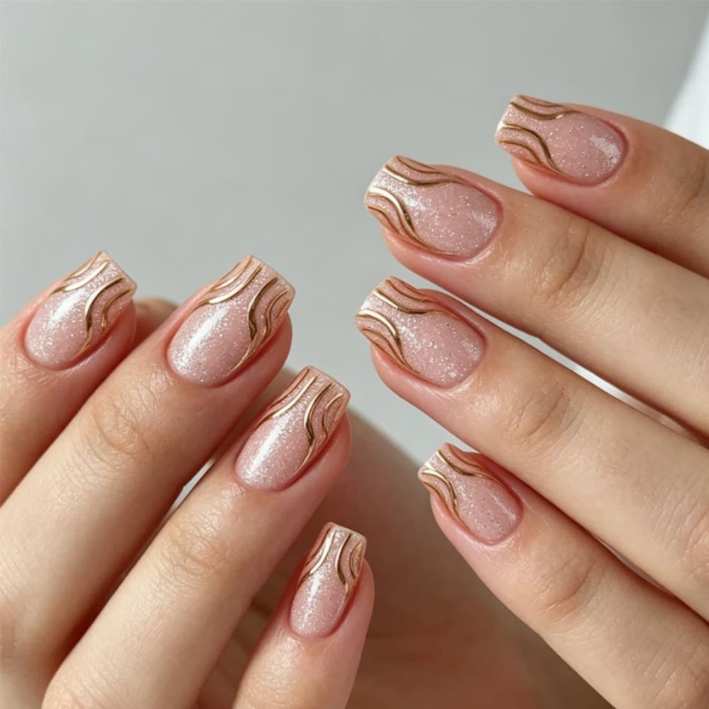 Manicure Wearable Nail Patch Medium Rectangular Glitter Powder 3D Three-dimensional Golden Line Ins Style Nude Color Cross-border Fake Nail Patch