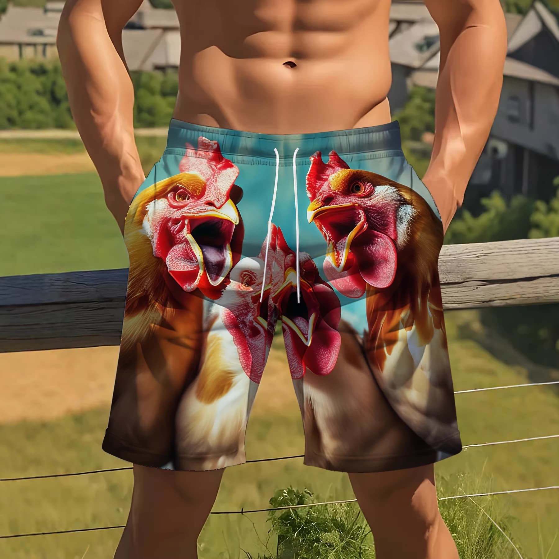 Funny rooster print men's shorts 2026 summer new style breathable, lightweight, soft and skin-friendly beach shorts