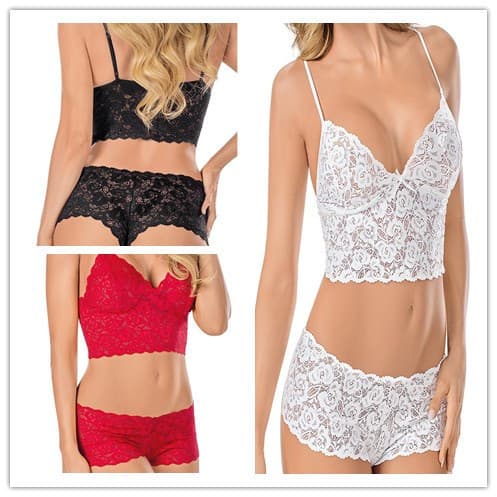 Langqi European and American AliExpress Sexy Lace Camisole Three-Piece Wrap Bust Push-Up Bra Low-Waist See-Through Lingerie