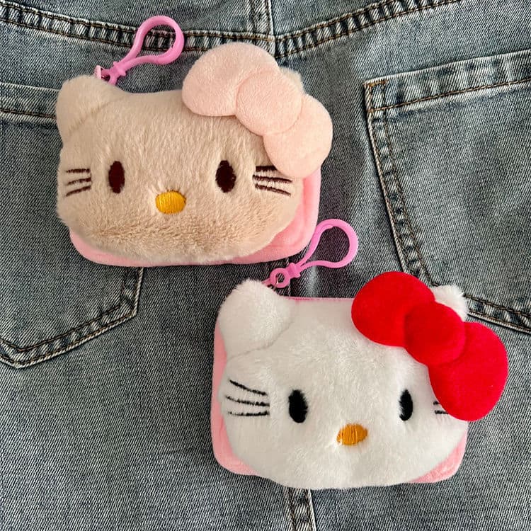 Big Bow Kt Cat Square Plush Coin Purse Student Portable Card Holder Carry-On Mini Bag Hanging Bag