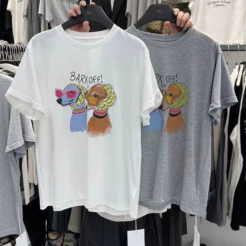 Korean Dongdaemun Pure Cotton Summer New Fashionable Age-Reducing Loose Fun Puppy Print Short Sleeve T-Shirt Women's Top