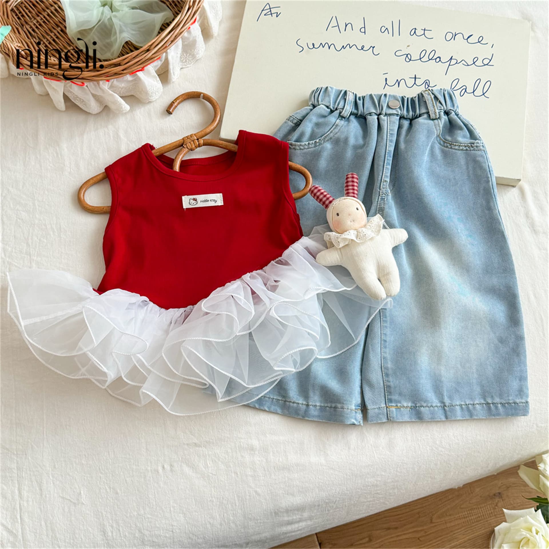 Ningli Girls' Fashionable Two-Piece Set: Vest Top with Denim Straight-Leg Pants, New Summer Sleeveless Patchwork Style