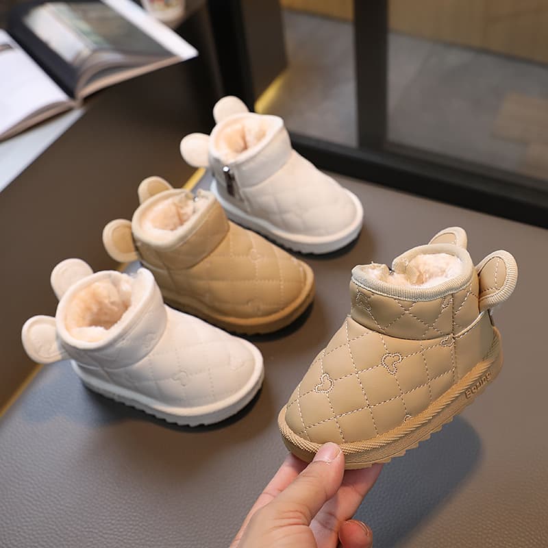 Baby snow boots, winter style, fleece-lined cotton shoes, infant and toddler walking shoes, Korean style, milk tea ears.