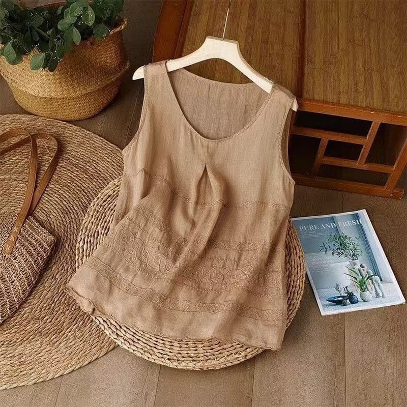 Cotton Linen Embroidered Camisole Vest Top for Women Summer Slimming Sleeveless Outerwear Innerwear Plus Size Cotton Linen Undershirt
