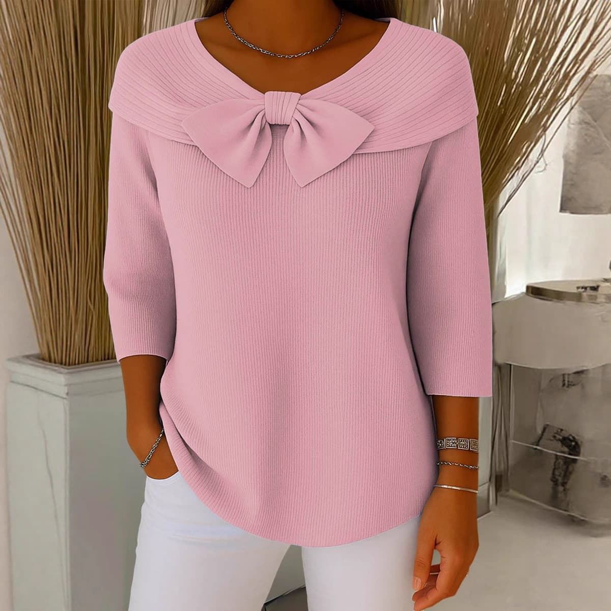 2025 European and American Amazon Knit Bow Sweater Autumn/Winter New Cross-Border Solid Color Women's Knitwear