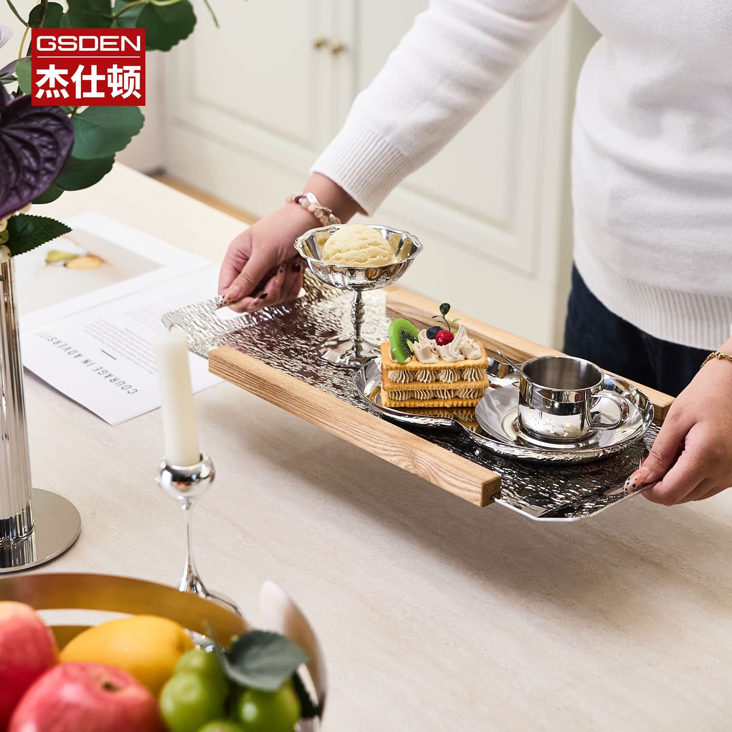 JSD European stainless steel wooden dining tray high-end afternoon tea delivery tray light luxury home moving gift