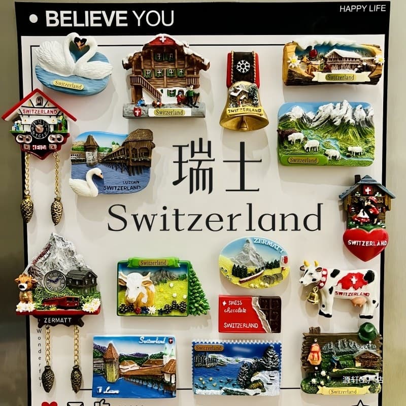 Switzerland's Jungfrau Matterhorn, Bern, Zurich, Lucerne, Interlaken, tourist souvenirs, refrigerator magnets