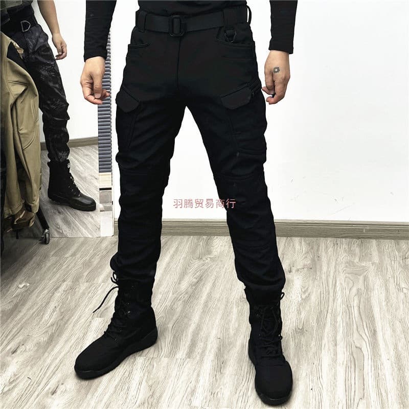 Autumn/Winter Men's Outdoor Fleece-Lined Softshell Windbreaker Set Camo Jacket Slim Windproof Waterproof Fishing Stretch Pants Black