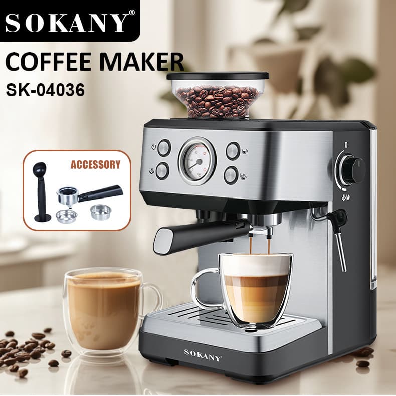 SOKANY Cross-border Export Coffee Machine with Grinder, Semi-Automatic Espresso Machine, High-Temperature Extraction, Milk Frother