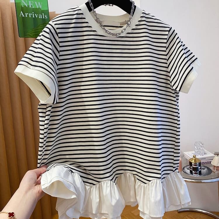 Fat sister plus size 300 pounds striped splicing ruffled hem short-sleeved T-shirt women's summer Korean style loose top