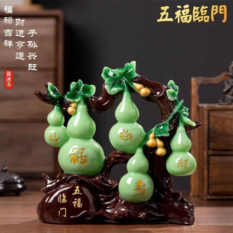 Five Blessings Arrive Home Wealth-attracting Jade Gourd Decor, New Home Move-in Gift, Living Room Wine Cabinet Entryway Office Decoration