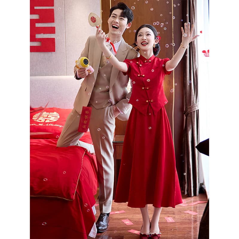 Red Cheongsam New Chinese Style Set Wedding Toast Dress Bride Wedding Ceremony Engagement Dress Skirt Petite Return Home Casual Wear