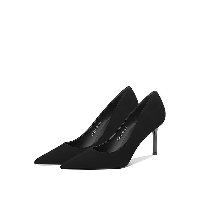 Professional Women's Work Shoes, Thin Heel Mid-Heel Pumps, 2023 Autumn New Arrival, Black Velvet Formal Shoes