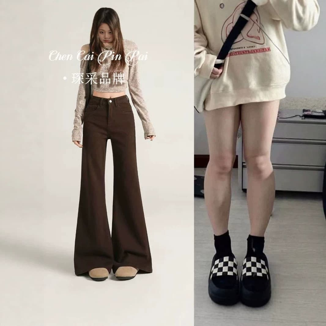Brown Flared Jeans for Women Spring Summer Plus Size High Waist Slimming Pear-Shaped Body Flared Horseshoe Pants Trendy