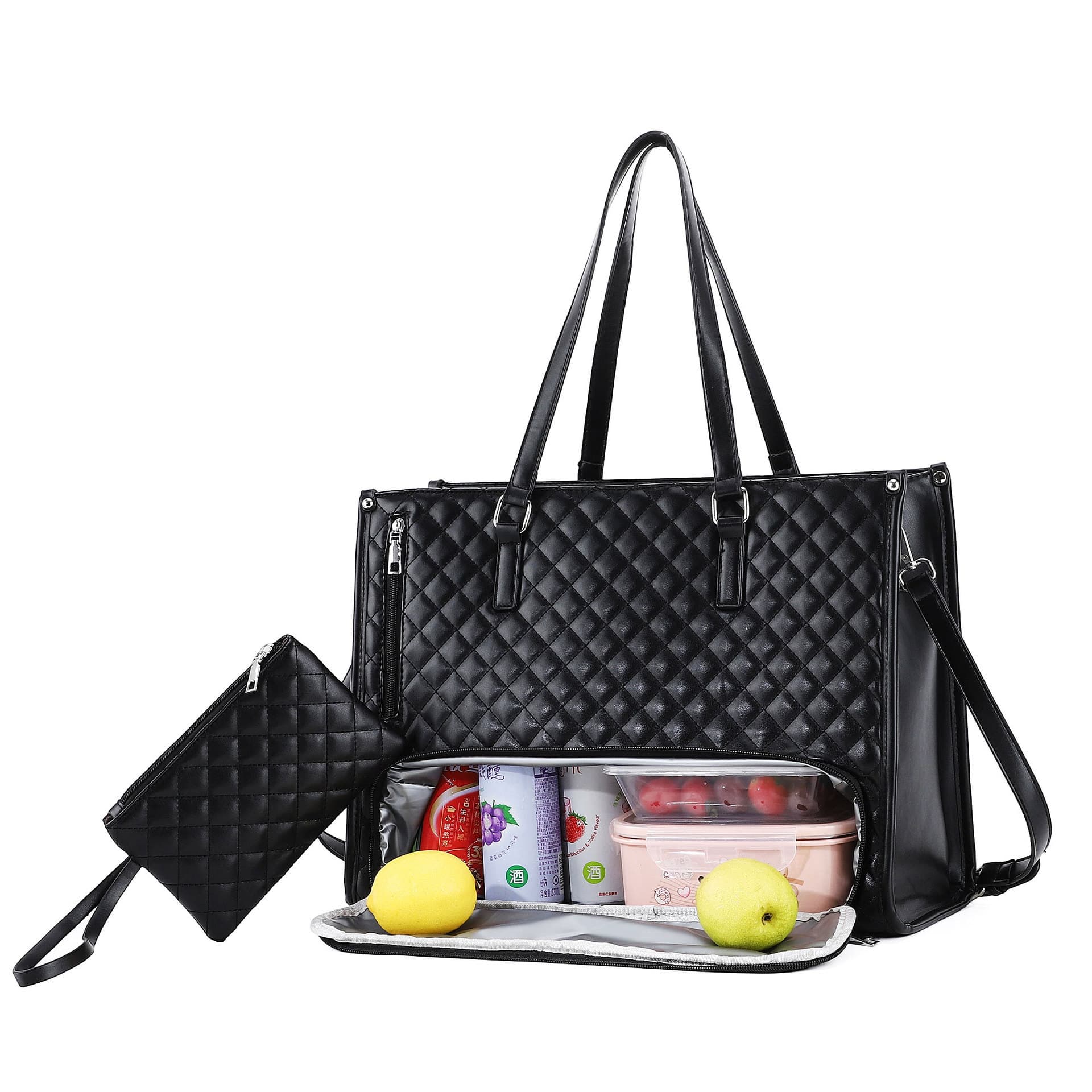 Cross-border high-quality version of the insulated lunch bag, work lunch box bag, black rhombus hand-held shoulder cross-body tote bag