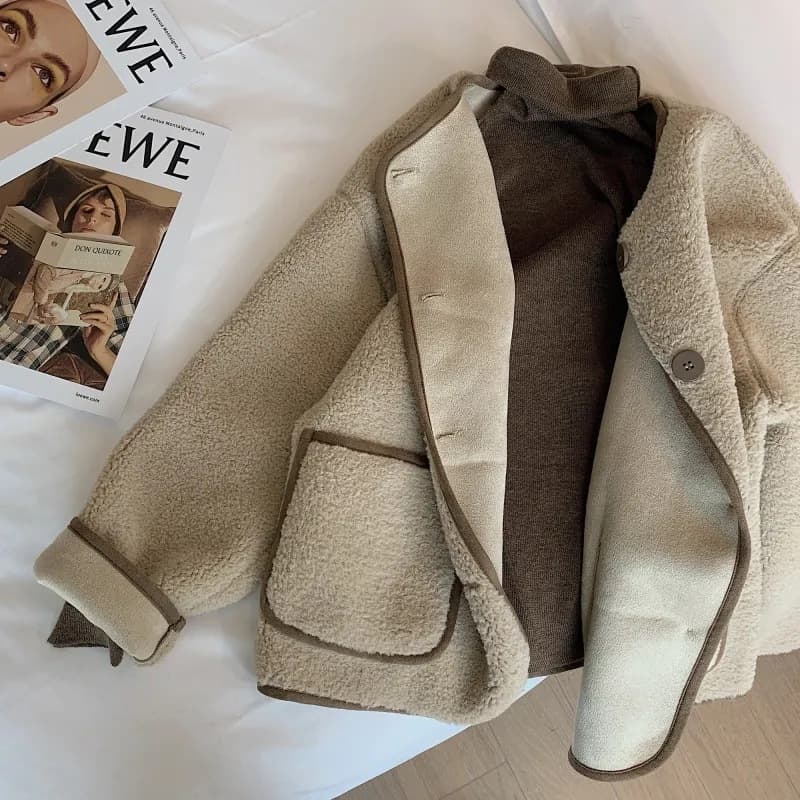 Khaki Round Neck Faux Shearling Coat Women 2022 Autumn New Korean Version Loose Petite Faux Shearling