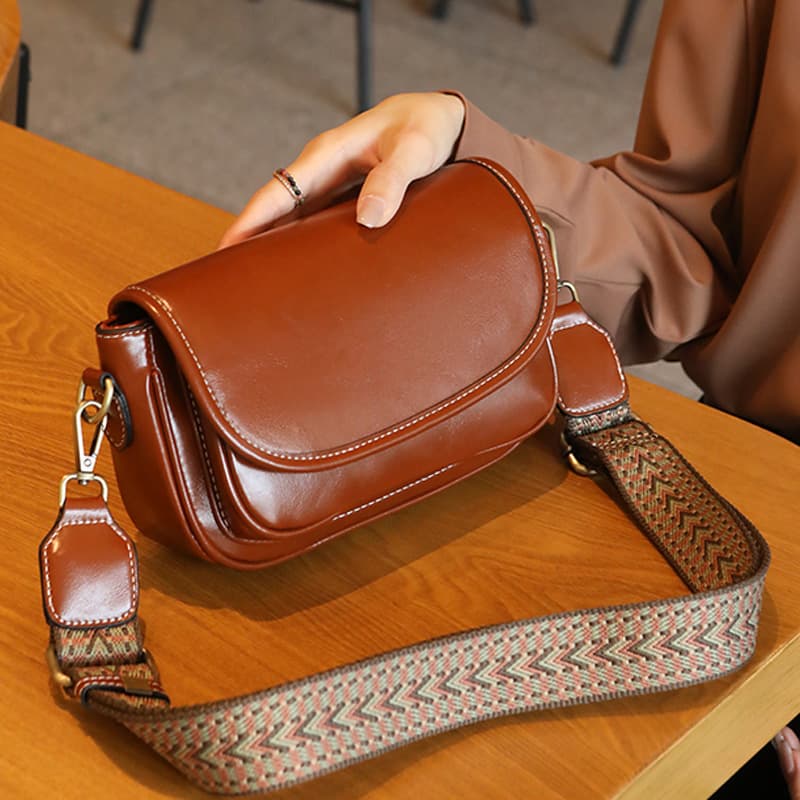 Women's Small Crossbody Phone Bag, Waxed Leather Fashion Genuine Underarm Bag, Textured Wide Strap Mini Square Bag