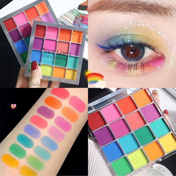 Rainbow 16-Color Eyeshadow Palette with Pearl, Matte, Sparkle, Fine Glitter, Earth Tones, Purple, Green for Stage and Cosplay Makeup