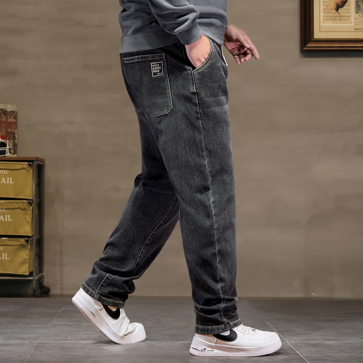 Big Size Men's New Season All-Season Drawstring Elastic Waist Straight Leg Jeans Loose Plus Size Big Size Men's Jeans