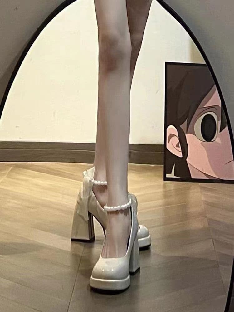 Women's High-Heel Leather Shoes Chunky Heel Mary Jane Shoes Wedding Shoes 2026 White Elevated Retro French Style New Arrival