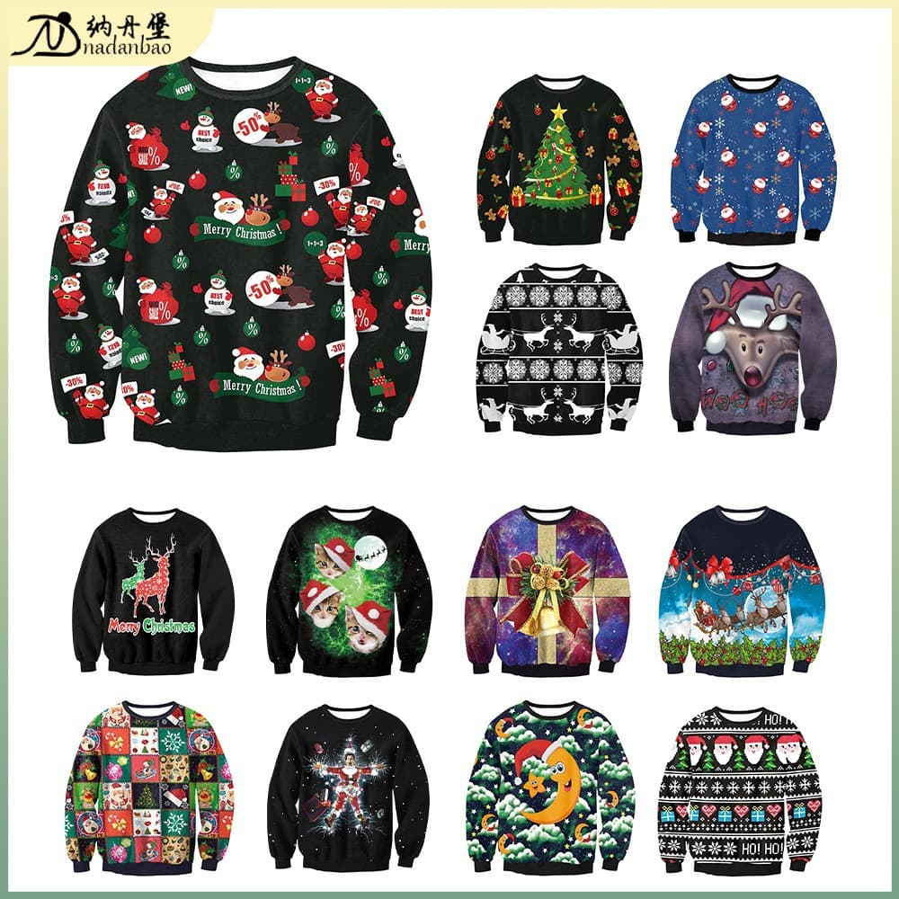 In Stock Christmas Hoodie 2025 Fall/Winter Amazon Apparel, Santa Claus Reindeer Round Neck Couple Long Sleeve Shirt