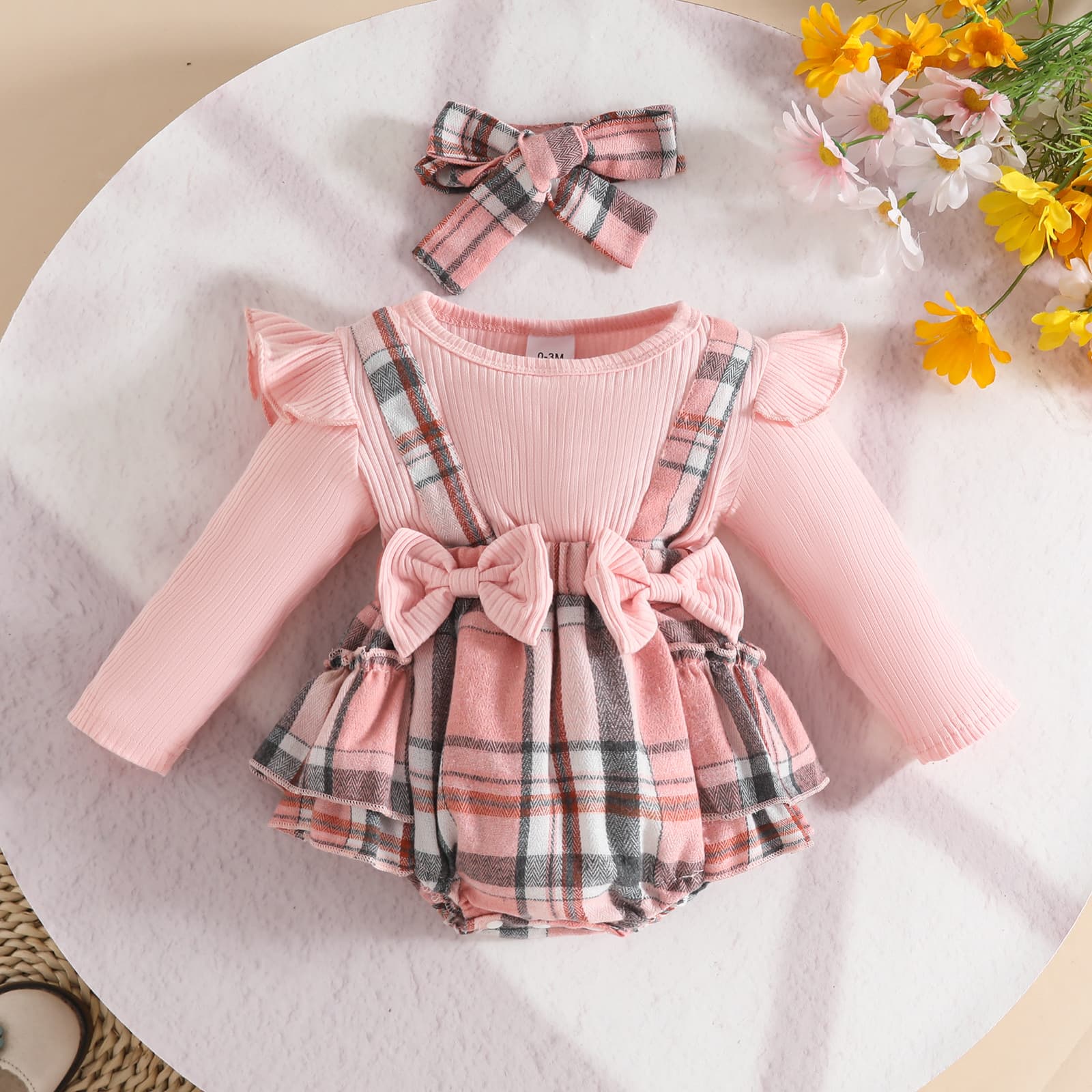 Baby Girls Autumn Winter Bodysuit with Bowknot and Faux Suspenders Plaid Romper for Newborns