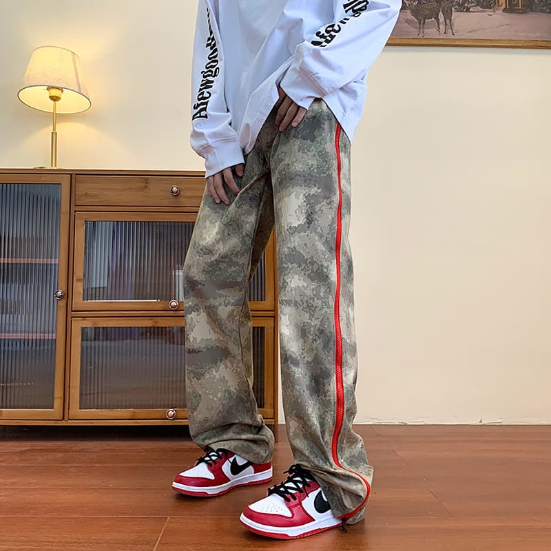 Men's Camouflage Workwear Trousers Spring/Autumn High Street Trendy Casual Loose-fit Straight-leg Zip-up Side Slit Long Pants
