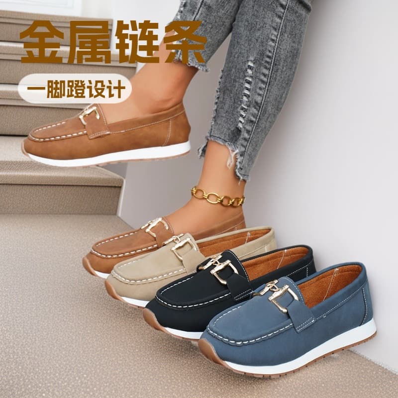 Casual Metal Chain Thick Bottom Sport Shoes for Women Summer New Large Size Single Shoes Round Toe Rubber Outsole PU Insole