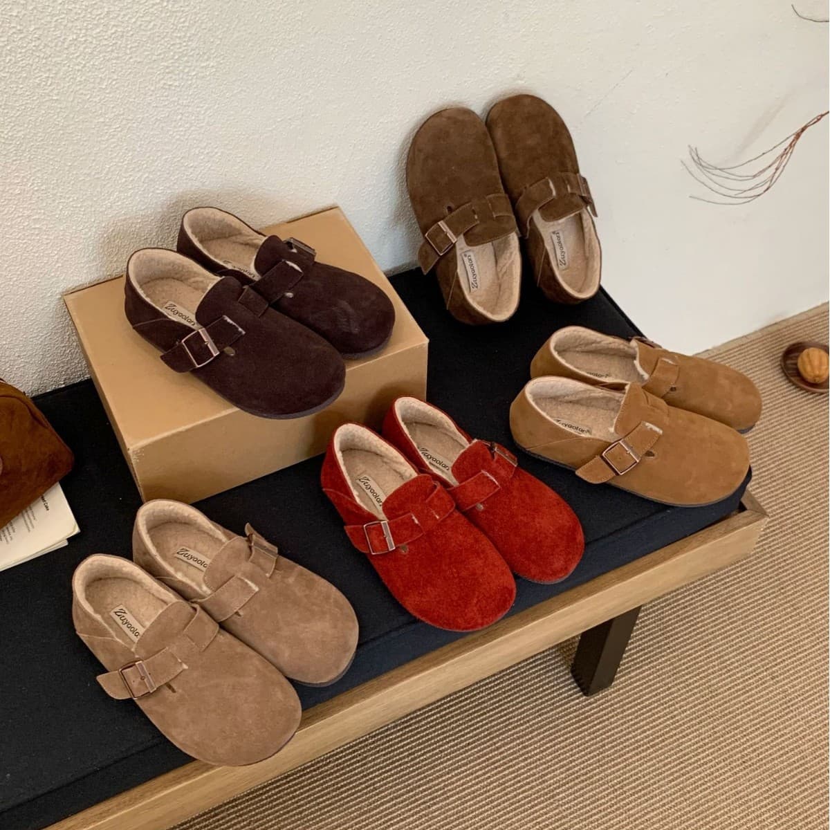 Fleece-Lined Genuine Leather Birkenstock Shoes Versatile Retro Color Flat Birkenstock Shoes Low Flat Heel Loafers with Hidden Height Increase for Women
