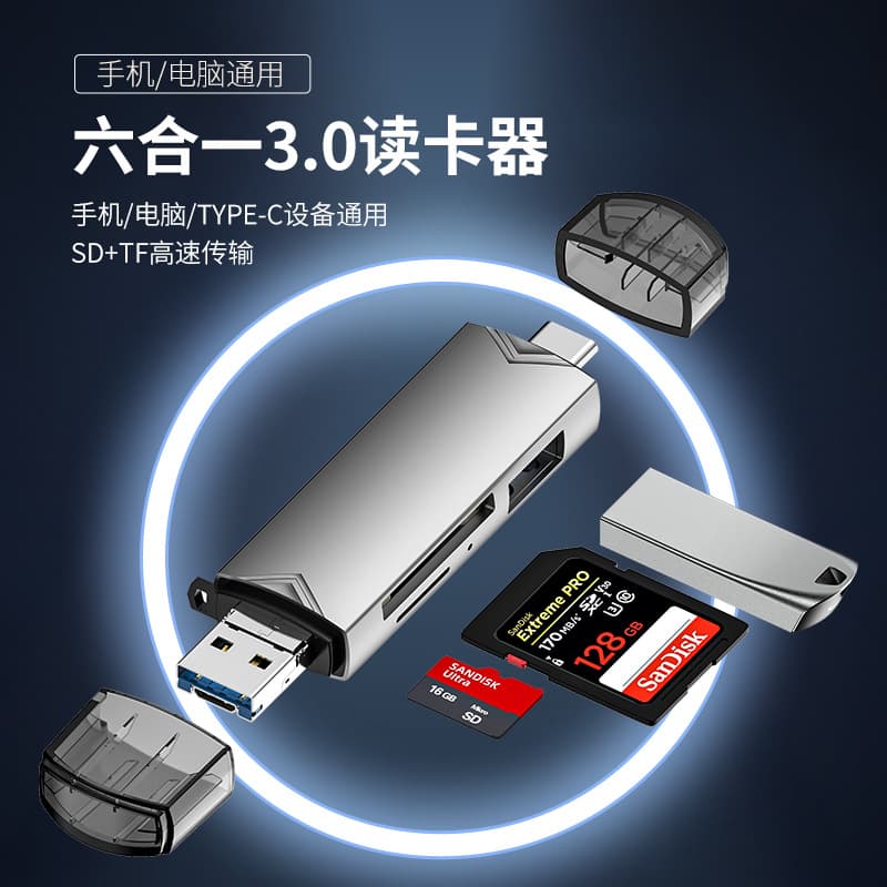 Multi-functional card reader, all-in-one Type-C high-speed card reader for mobile phones, computers, TF cards, SD cards, and USB.