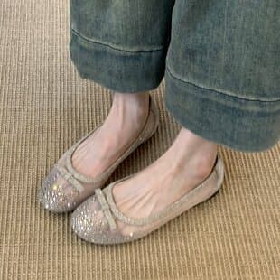 French Exquisite Rhinestone Single Shoes Women 2026 New Elegant Mesh Bow Shallow Mouth Fairy Shoes