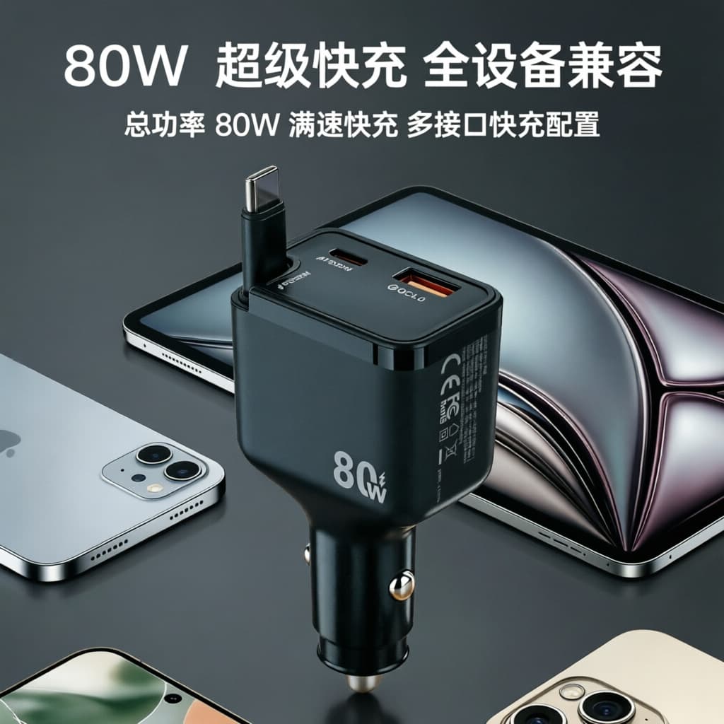 New Cross-Border 80W Car Charger Super Fast Charging Retractable Cable Car Charger Head Source Factory