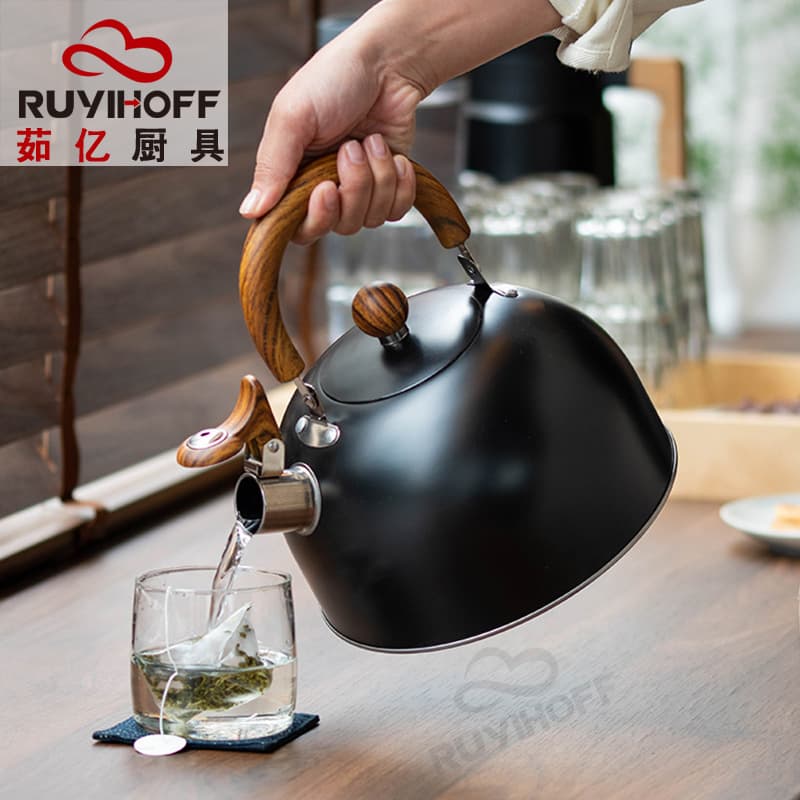 European-style Whistling Kettle Premium for Home and Bar, Wood Grain Handle Stainless Steel Boiling Kettle, 3L Black Whistling Pot