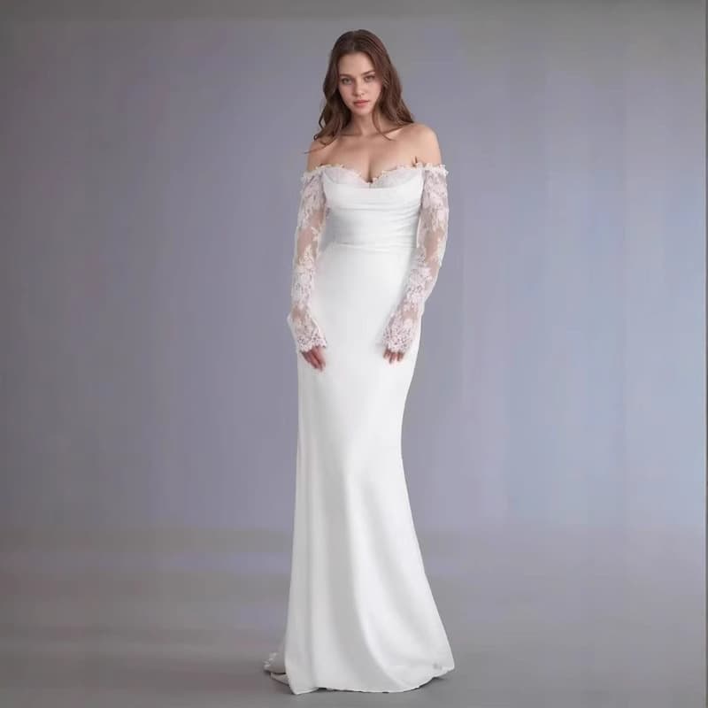 French Satin Bride Long Sleeve Lace Wedding Dress High-End Cross-Border Strapless Engagement Travel Light Gown