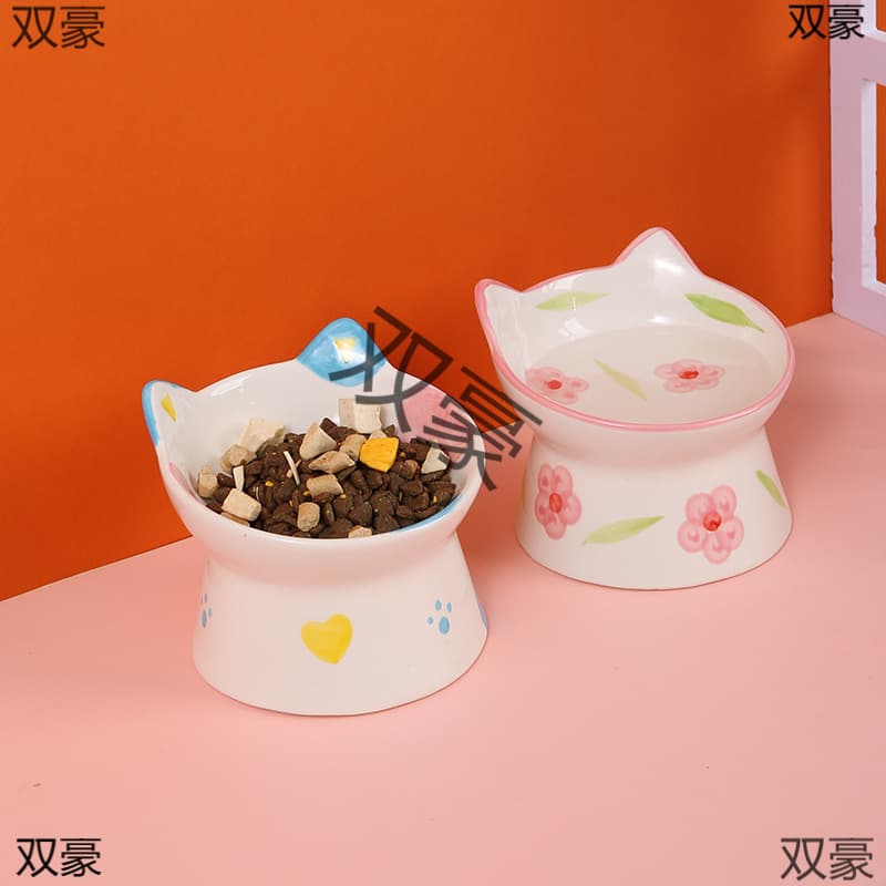 Creative Ceramic Pet Bowl, Slanted Neck-Protecting Cat Food Bowl, Raised Cat Bowl, Cute Painted Design, Multi-Functional Bowl for Cat Food and Water