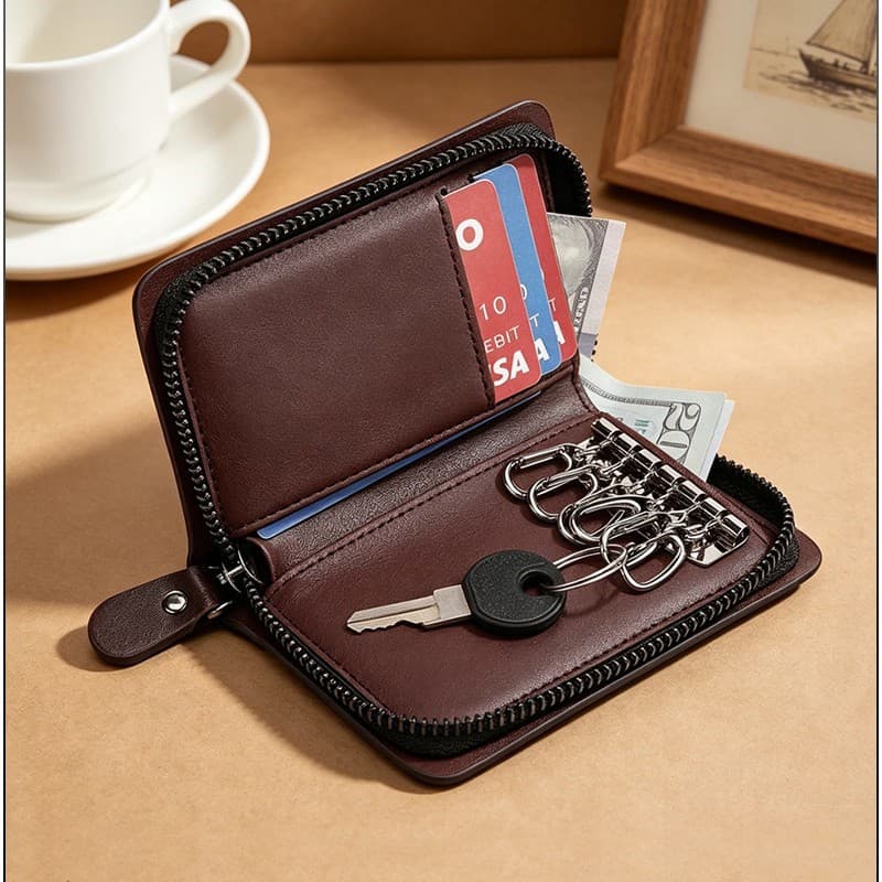 Wholesale Direct Multi-Card Slot Multi-Functional Genuine Leather Key Wallet Storage Bag Zipper Opening Casual Home Key Wallet