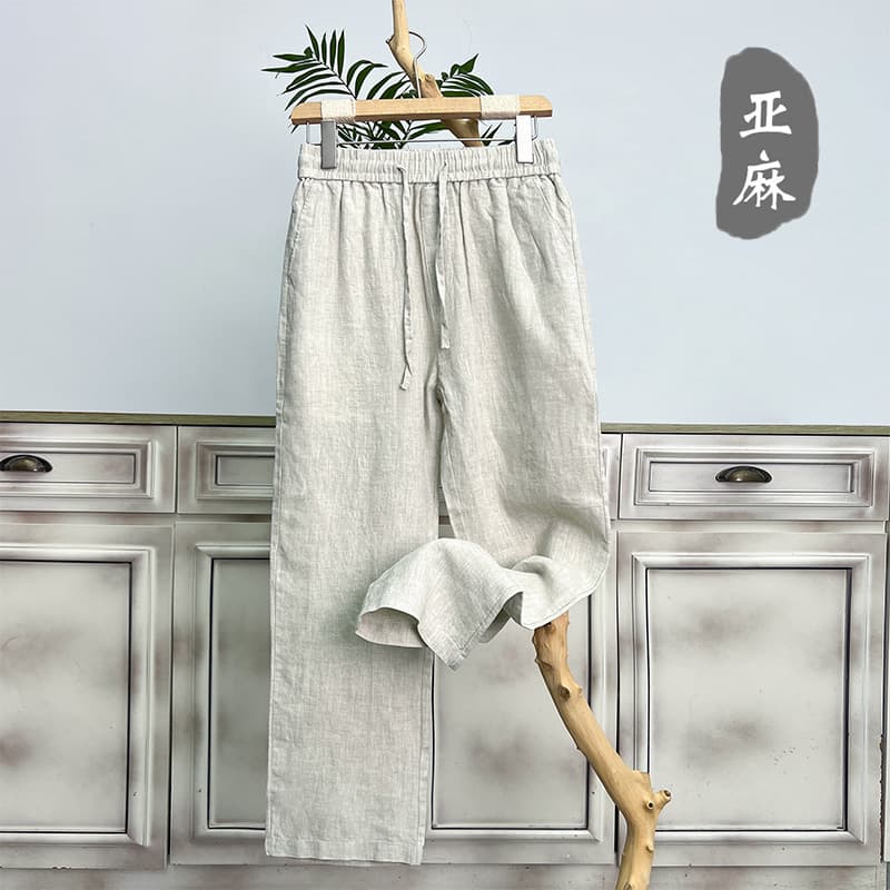 Pure Linen Men's Pants Summer Thin Full Linen Casual Loose Straight Wide Leg Trousers