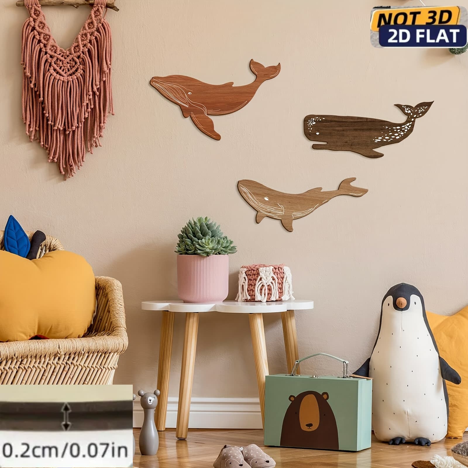 Cross-border Hot-selling Wooden Crafts Three-piece Whale Wall Decor Wooden Hanging Sign Whale Wall Ornament for Kitchen Living Room