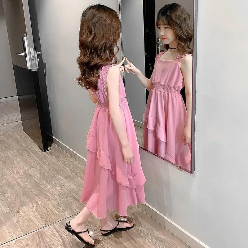 Fashionable Chiffon Dress for 4-Year-Old Girl, New Summer Style for 7-Year-Old, Korean Version for 8-Year-Old Girl, Spaghetti Strap Long Dress