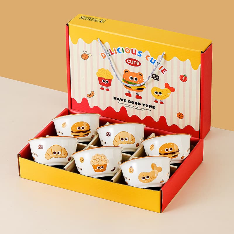 High-Quality Ceramic Bowl Set with Cartoon Hamburger Pattern Dinnerware Gift Box for Birthday, Party Favors, and Business Event Giveaways (Wholesale)